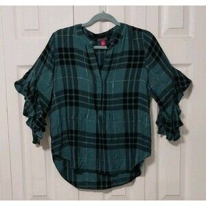 Vince Camuto Top Blue Black Plaid Flutter Sleeve Cottage Core Grunge Boho Small